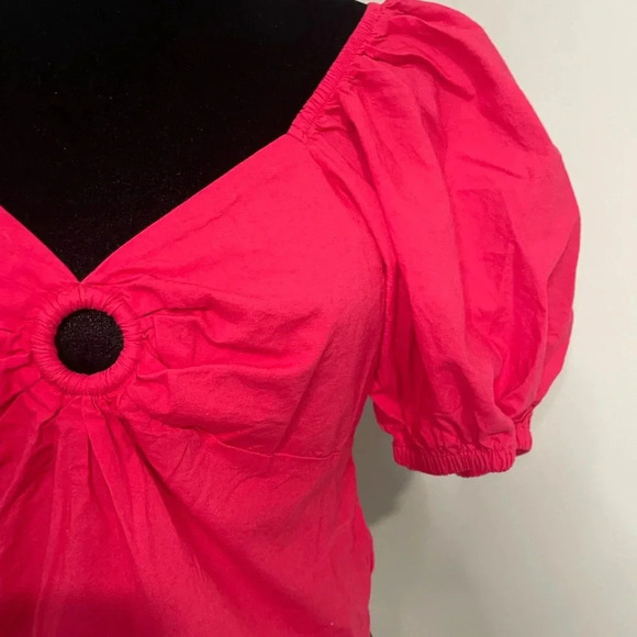 Sim & Sam Hot Pink Puff Sleeve Blouse Top With Cutout at Chest - Picture 5 of 11